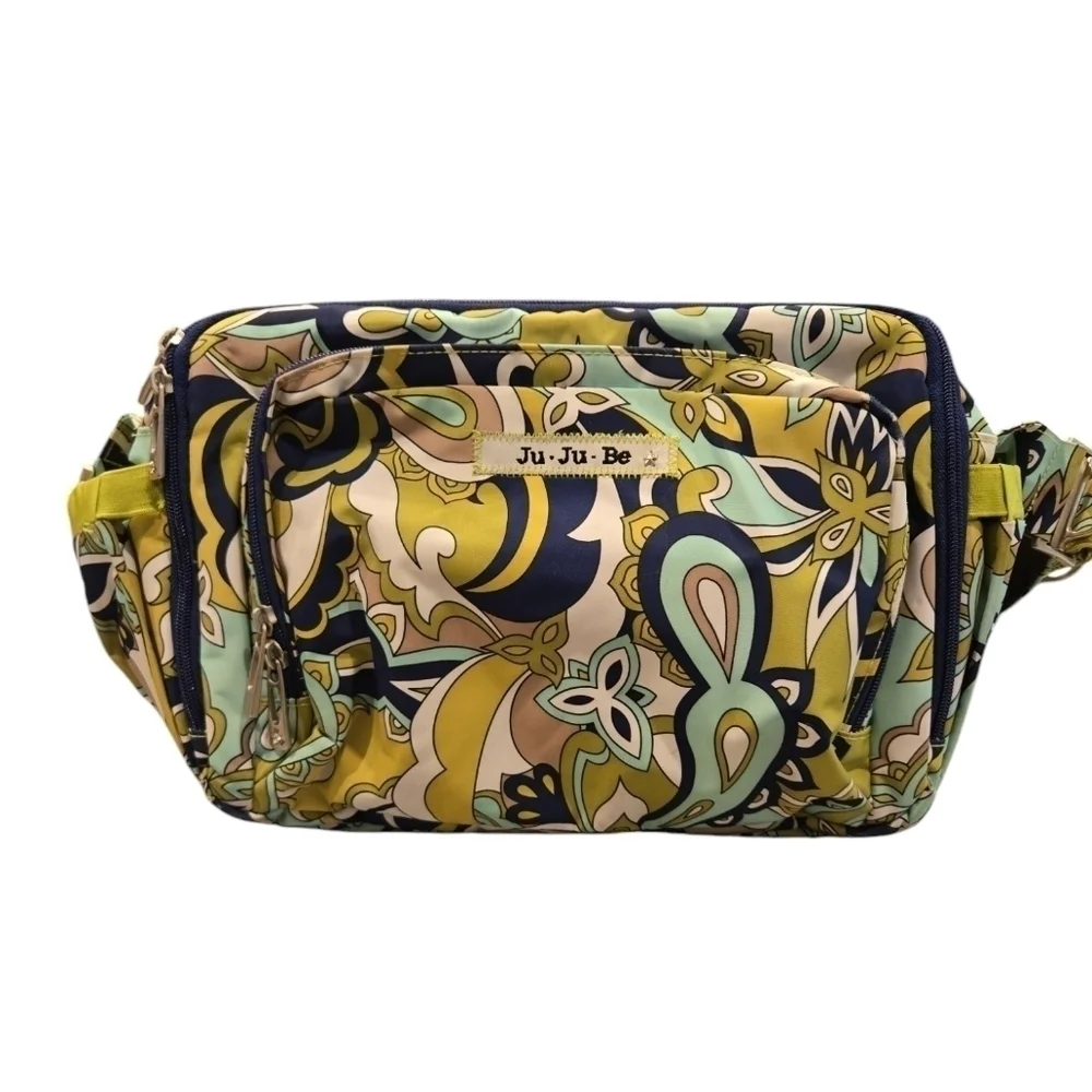 JU JU BE MESSANGER DIAPER BAG. GREEN, BLUE AND WHITE PAISLEY  AND FLORAL.